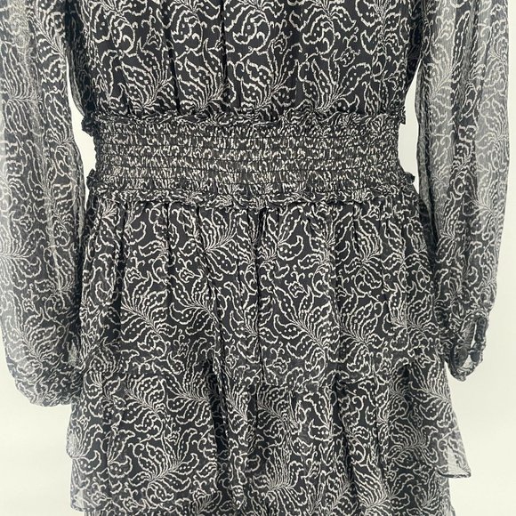 cinq a sept Black Mini Dress Sz 6 Tiered Print Silk Long Sleeve Smocked Babydoll - Picture 7 of 16